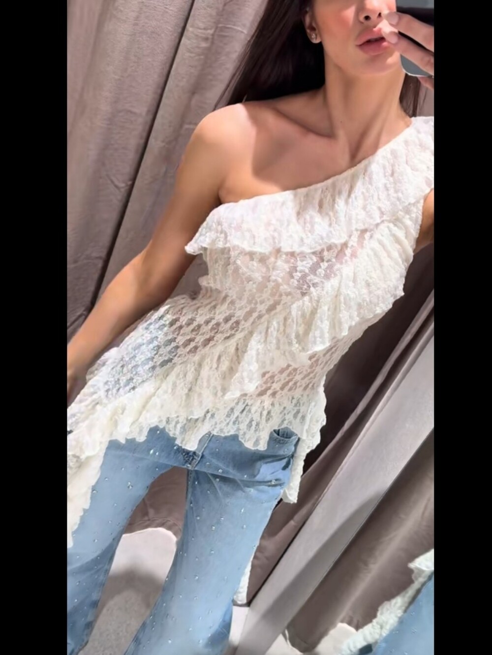 Zara Lace Asymmetric Ruffled Stretchy Top White M NWT - Picture 7 of 14